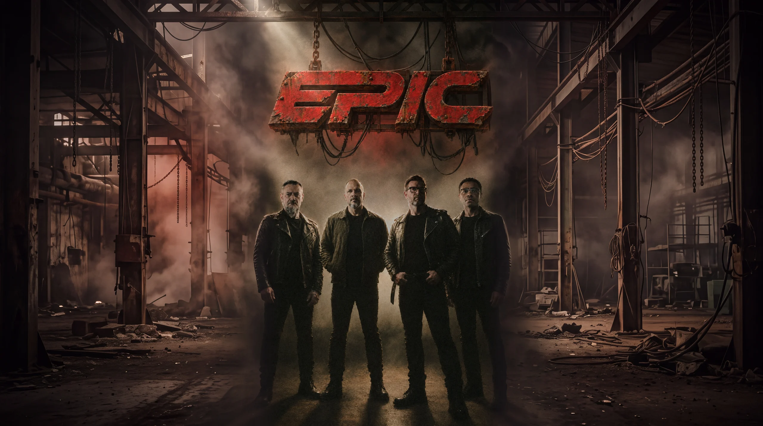 EPIC: Sidão, Rodrigo, André e Rogério sob a placa EPIC presa por correntes num galpão abandonado